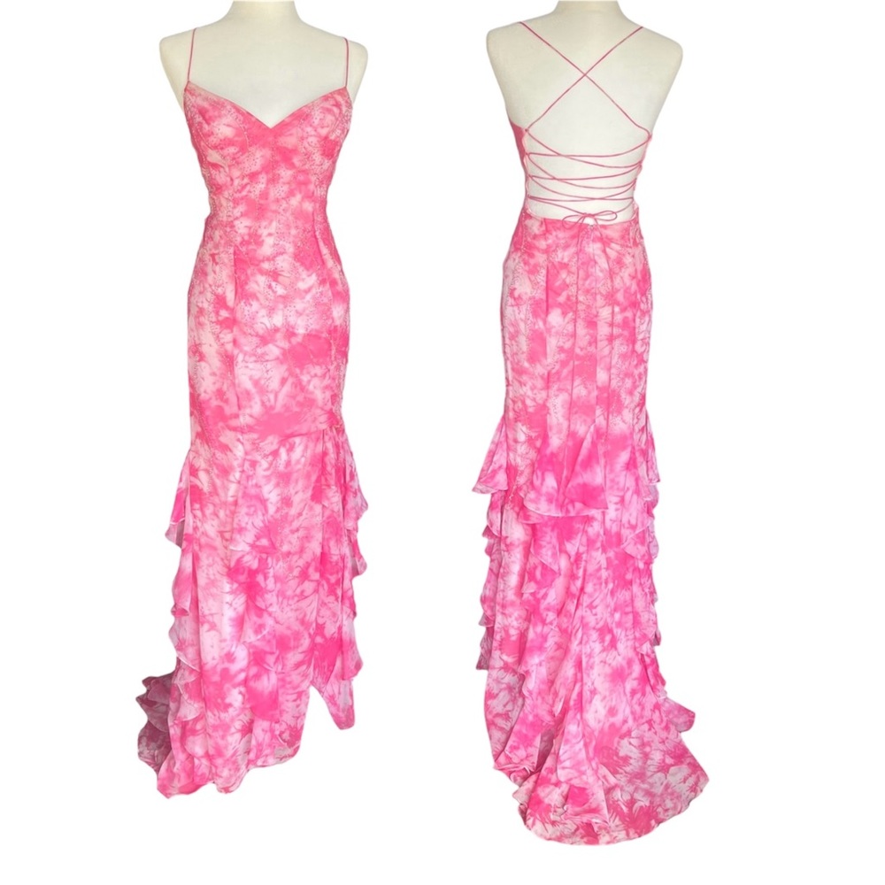 Night Moves prom collection ruffle leg slit gown lace up backless dress